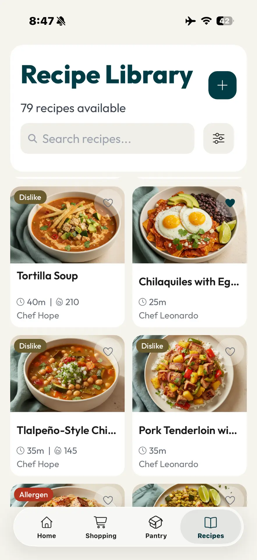 The Food Maestro Recipe Library showing chef-attributed recipes and preference warnings.