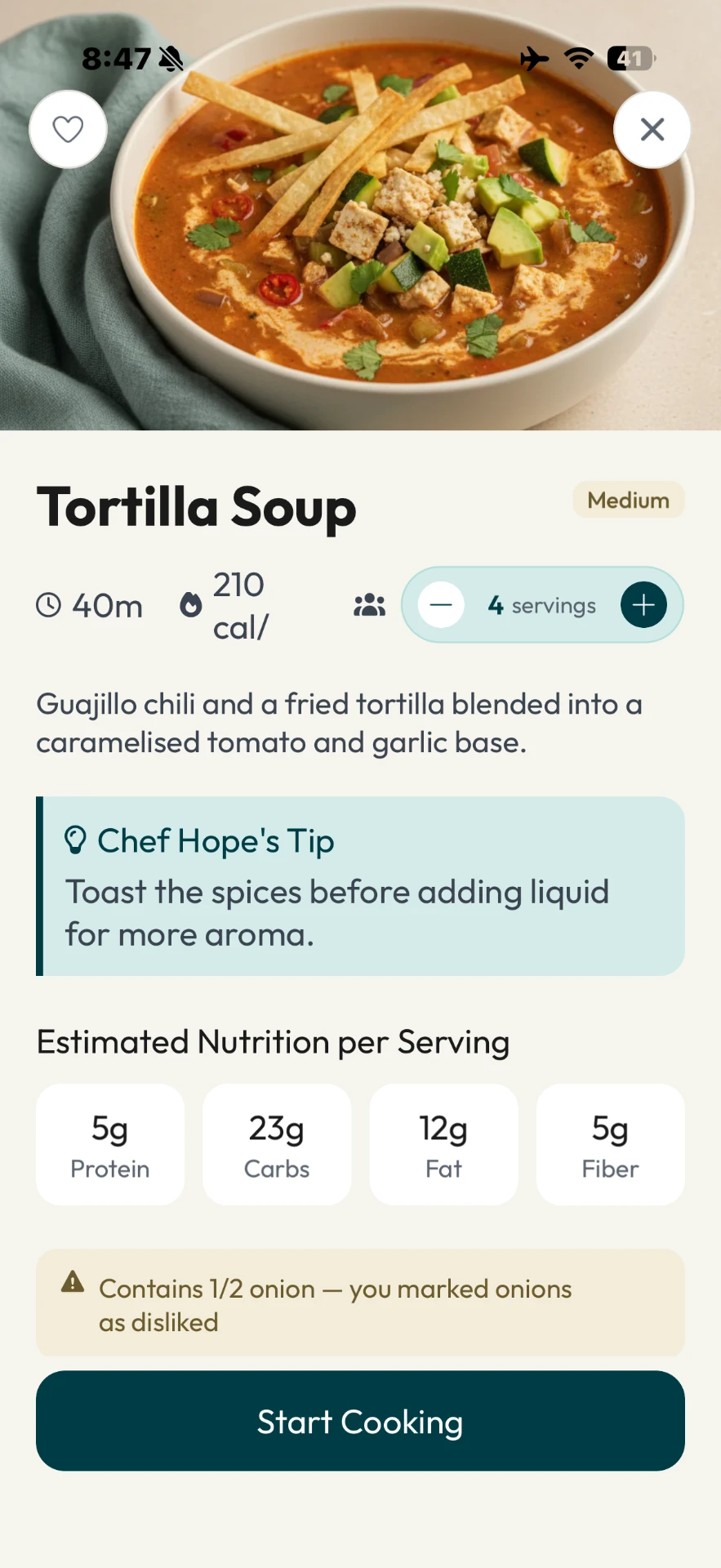 The Food Maestro recipe screen showing nutrition, a household preference warning, and Chef Hope's cooking tip.