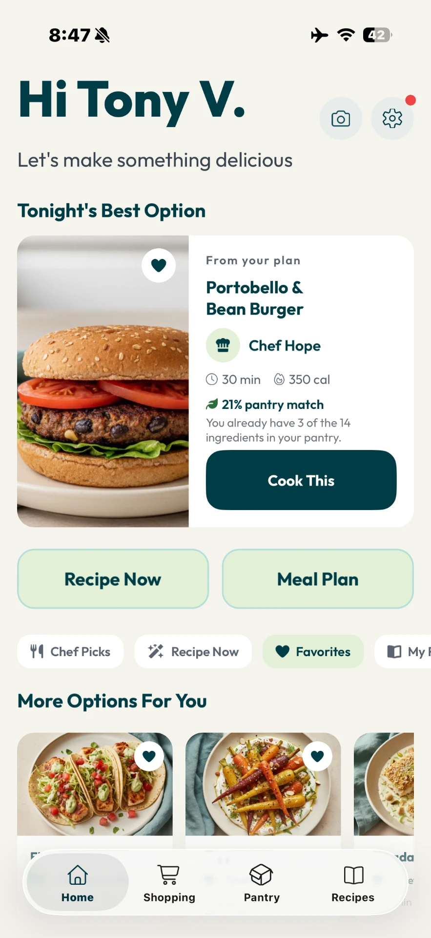 The Food Maestro Home screen showing a personalized dinner recommendation from Chef Hope.